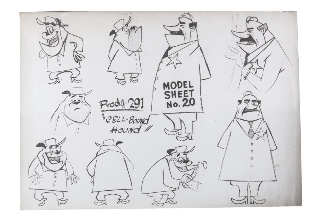 A "Cellbound" Spike Model Sheet.: (MGM, 1955) A photostat model sheet of Spike and the Warden from the cartoon "Cellbound" directed by Tex Avery. Measuring 11.75" x 16.5" the model sheet is in very good condition with typical wear fro