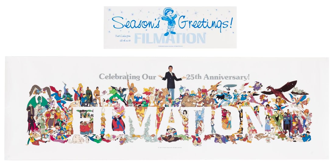 A Filmation 25th Anniversary Holiday Gift Poster.: (Filmation, 1987) A poster celebrating the 25th anniversary of Filmation Associates, distributed as a holiday gift in 1987 with a "Season?s Greetings" message. The company, founded by Lou Scheimer,