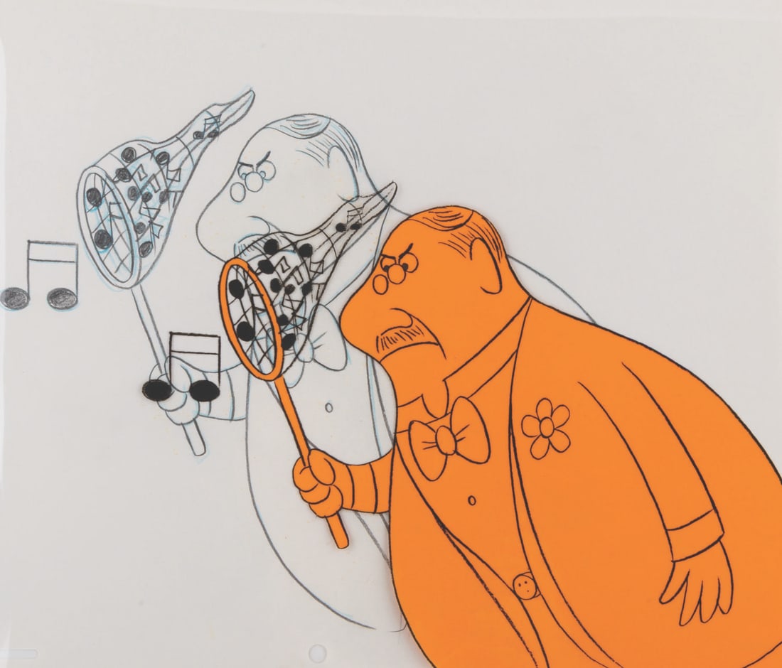 A Conductor and Musical Notes Cel.: (1960s-70s) A cel and drawing of a man catching musical notes in a butterfly net, from an unknown production. With an image size of 9.25" x 7.5" on the 10.5" x 12.5" animation paper and cel, the