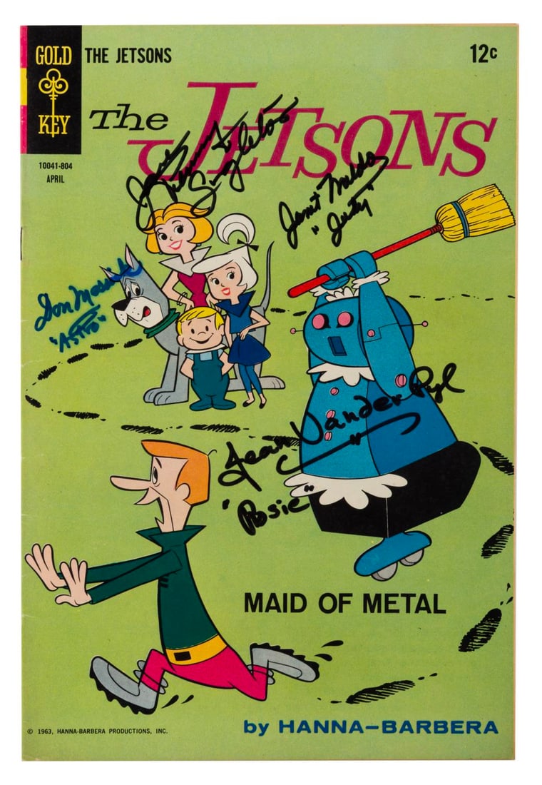 A Multi-Signed The Jetsons Comic Book.: (Gold Key, 1963) Issue 26 of The Jetsons comic book, signed by four members of the cast. Autographs include Don Messick (Astro), Janet Waldo (Judy), Penny Singleton (Jane), and Jean Vander Pyl