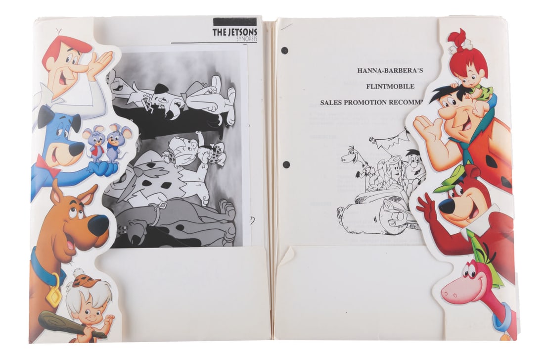 A 1991 Hanna Barbera Promotions Kit with Signed Photo.: (Hanna-Barbera, 1991) A style guide/promotion folder from Hanna Barbera. Included are a photo signed by Bill Hanna, an outline for a Flintstones Turtle Wax promotion, and assorted xeroxed style guide