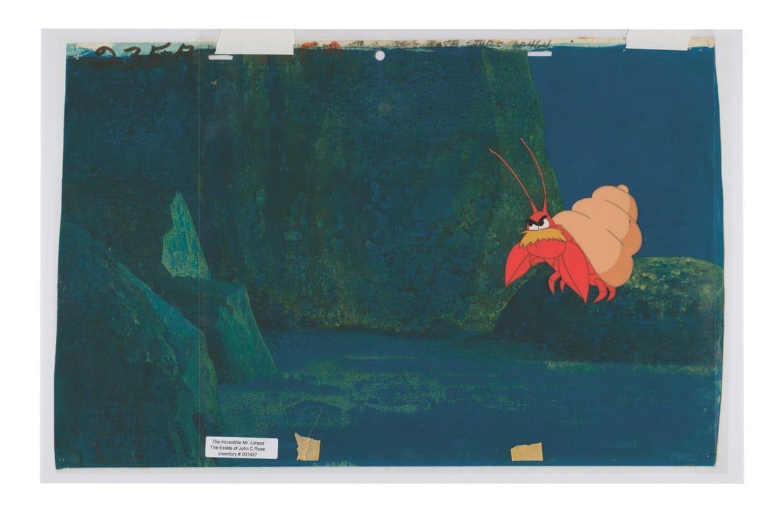 A "The Incredible Mr. Limpet" Crusty Production Cel.: (Warner Bros., 1964) An original production cel of Crusty the Crab from "The Incredible Mr. Limpet," with a color copy background. Crusty has an image size of 4.5" x 4" on a 10.5" x 12.5" cel. The