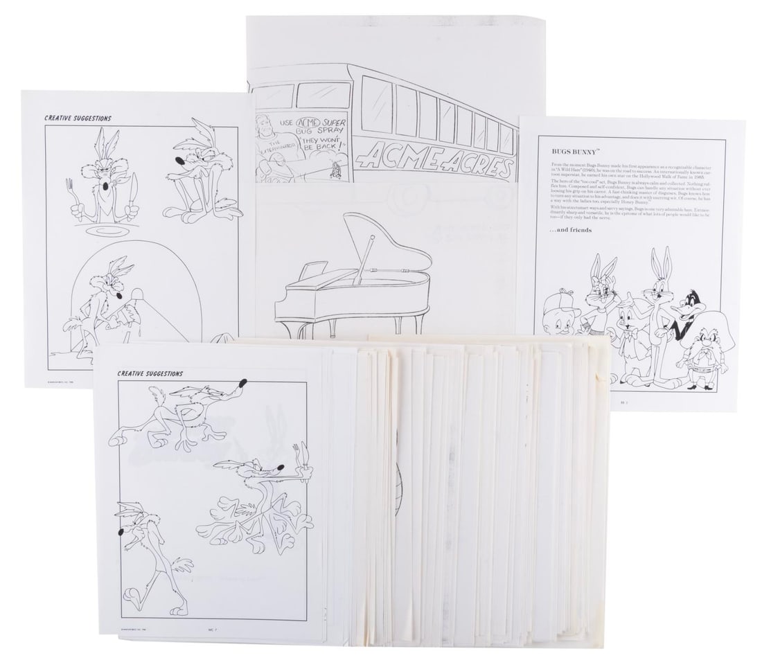 A Large Collection of Tiny Toons and Taz Mania Production Copies and Drawings.: (Warner Bros., 1990s) A large collection of production reference copies for "Tiny Toons" and "Taz-Mania," including some original prop drawings. Included are over 200 xeroxes of hand-held props from