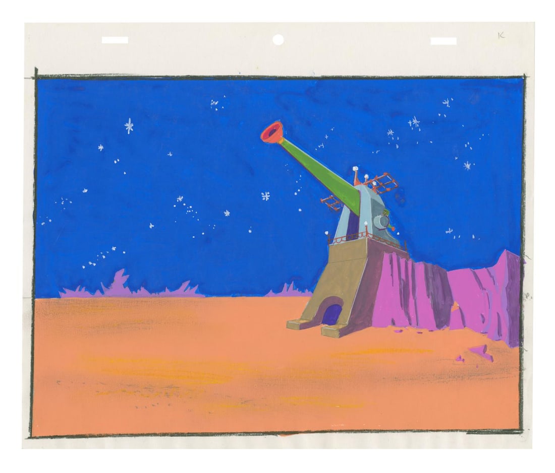 A Maurice Noble "Tiny Toon Adventures" Background Concept.: (Warner Bros., 1991) An original background concept by Maurice Noble for the "Duck Dodgers Jr." segment of "Tiny Toon Adventures." The segment ran in the episode "Return of the Acme Acres Zone,"