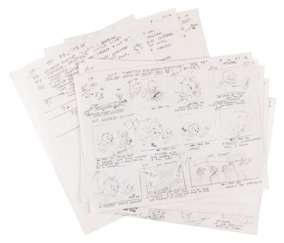A Set of "Tweety's High-Flying Adventure" Storyboards.: (Warner Bros., 2000) A set of thumbnail storyboards for "Tweety?s High-Flying Adventure," a direct-to-video feature parody of "Around the World in 80 Days." Included are nine pages of thumbnail