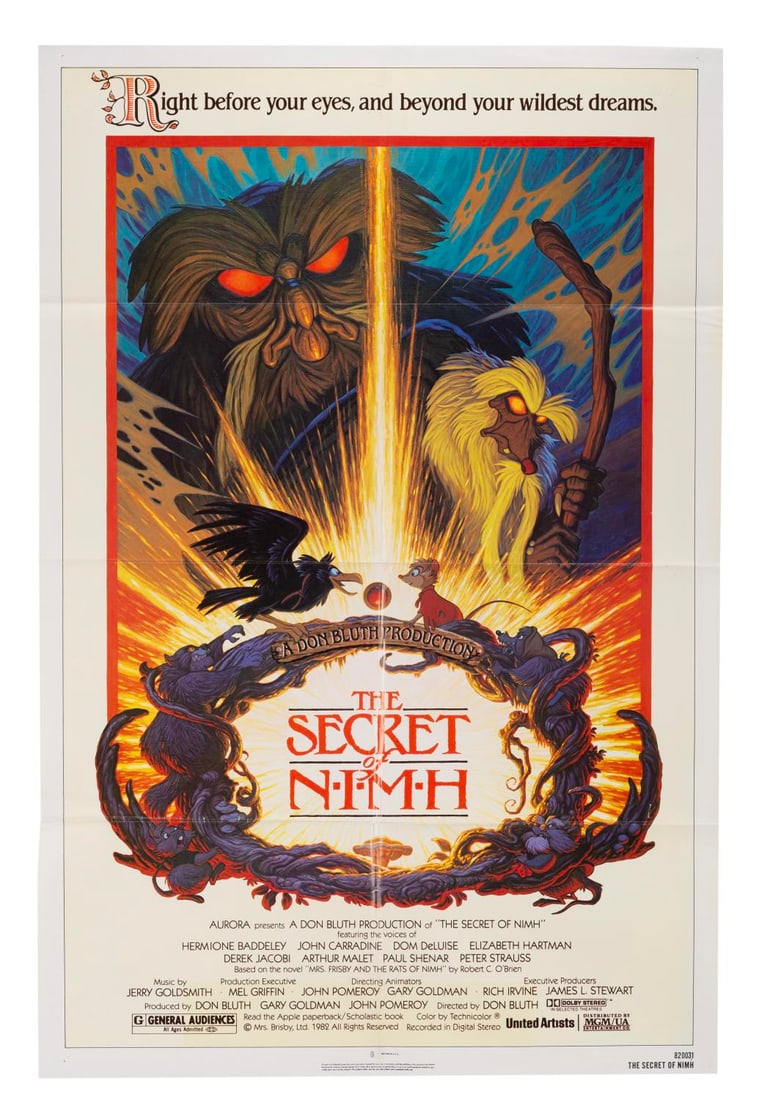 A "The Secret of NIMH" One-Sheet.: (MGM/United Artists, 1982) An original release one-sheet for "The Secret of NIMH," featuring artwork from Dungeons & Dragons illustrator Tim Hildebrandt. Measuring 27" x 41", the poster displays in
