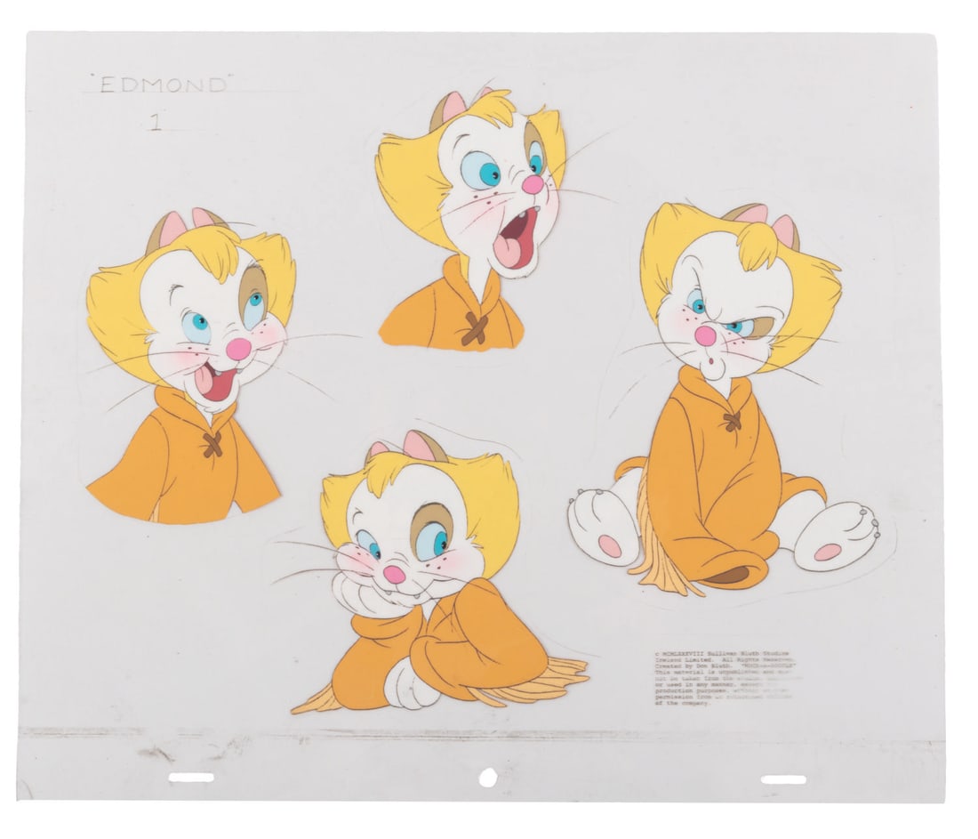 A "Rock-A-Doodle" Edmond Model Cel.: (The Samuel Goldwyn Company, 1991) An original model cel of Edmond as a kitten from Don Bluth?s "Rock-A-Doodle." Model cels like this were used as a reference tool by the animators and Ink & Paint