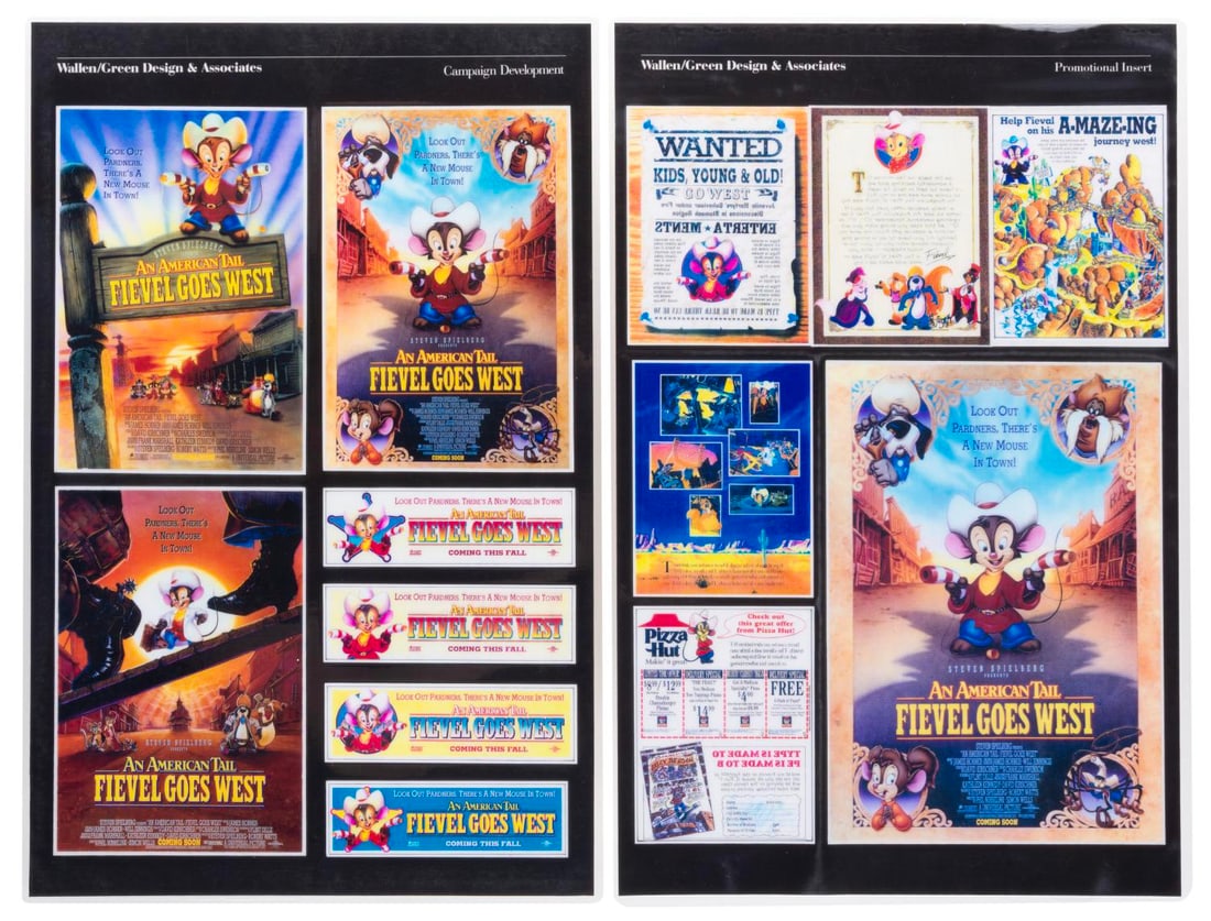 A Pair of "Fievel Goes West" Advertising Presentation Boards.: (Universal, 1991) Two “An American Tail: Fievel Goes West” laminated presentation boards showing promotional inserts and posters for the film. Each measuring 11.25” x 17.25”, the
