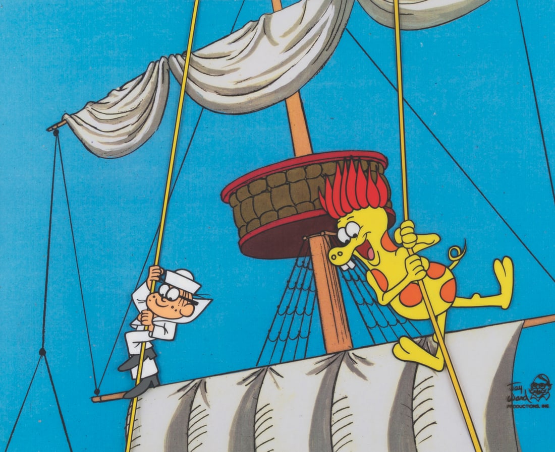 A Cap?n Crunch Crunchberry Beast Production Cel and Drawing.: (Quaker Oats, 1960s-80s) An original Cap?n Crunch cereal commercial cel of Crunchberry Beast and Alphie, with two original production drawings and a color copy background. With character image sizes
