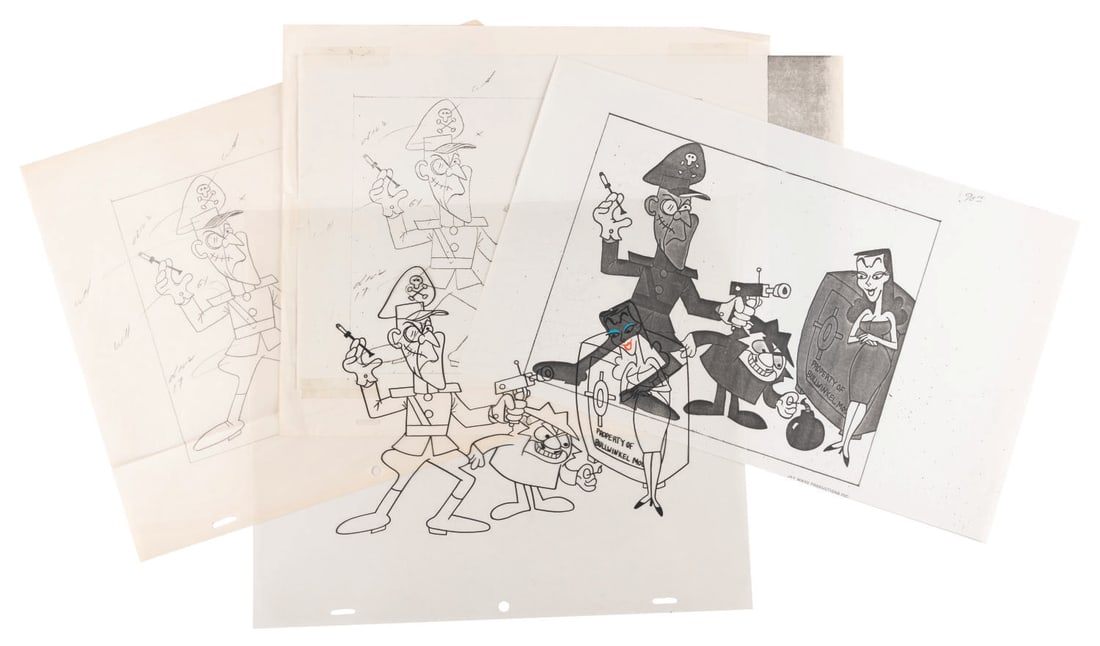 Jay Ward?s Fearless Leader Scene Cel Development File.: (Ward, 1980s) A file of materials used by Jay Ward to develop the "Fearless Leader" scene cel sold at the legendary Dudley-Do-Right Emporium. Included are a pencil drawing of the cel with color