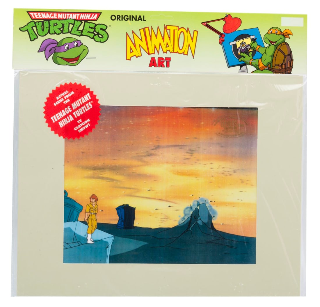 A "Teenage Mutant Ninja Turtles" April Original Production Cel.: (Murakami-Wolf-Swenson, 1987-91) An original production cel of April O?Neil from "Teenage Mutant Ninja Turtles" with a color copy background. April has an image size of 2.5" x 0.75" in an 11" x 14"