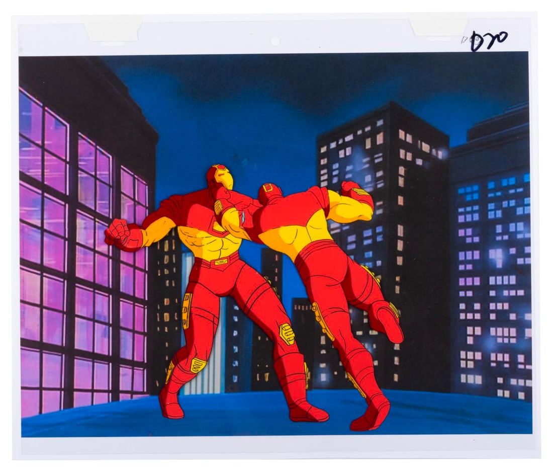 An "Iron Man" Original Production Cel.: (Marvel, 1994) An original production cel from the "Iron Man: The Animated Series" episode "Iron Man to the Second Power," with a color copy background. Iron Man has an image size of 6.5" x 7.25" on