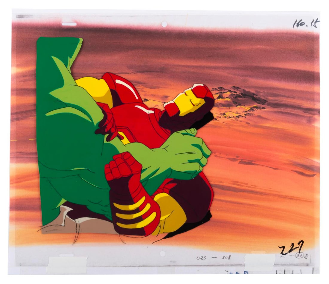An "Iron Man: The Animated Series" Production Cel.: (Marvel, 1996) An original production of the Hulk and Iron Man from the "Iron Man: The Animated Series" episode "Hulk Buster" with a color copy background. The hand-painted cel displays in fine