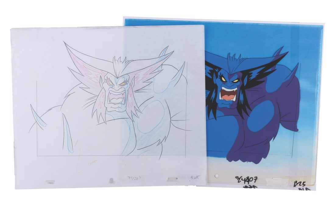 An "X-Men" Beast Production Cel and Drawing.: (Fox, 1997) An original production cel and drawing of Beast from the "X-Men: The Animated Series" episode "The Fifth Horseman," with a color copy background. The Beast has a size of 9.5" x 7.5" on