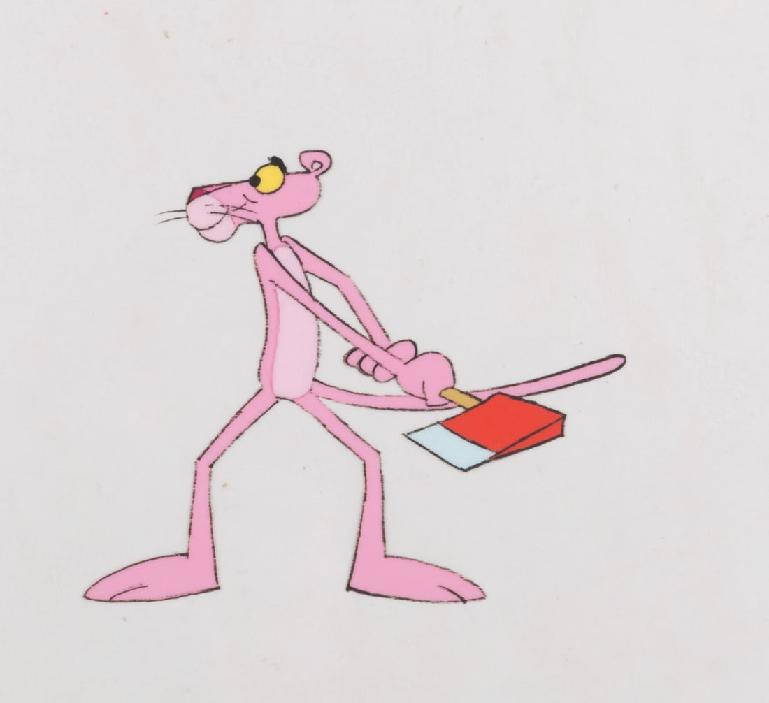 A Pink Panther Production Cel.: (United Artists, 1968) An original production cel from the Pink Panther short "Pink is a Many Splintered Thing." With an image size of 3.25" x 4" on a 10.5" x 12.5" cel, the piece is in fair to good