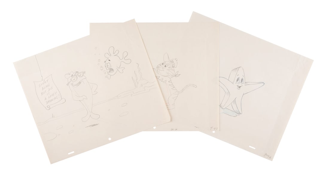 A Trio of Advertising Mascot Drawings.: (1980s) Three drawings of characters from animated commercials. The renderings by Malcolm Draper include a drawing of Charlie the Tuna, and production drawings of Happy Star (Carl?s Jr.), and Tony