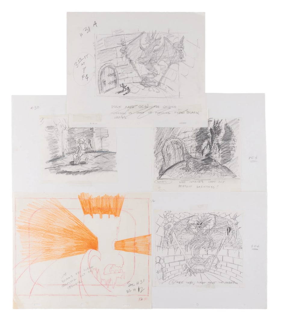 A Collection of "Faeries" Drawings and Xeroxes.: (CBS, 1981) A collection of 2 drawings and 3 pencil-enhanced xerox storyboards from the short animated film "Faeries," all from the scene in which Oisin confronts the Shadow. Measuring 10.5" x 12.5",