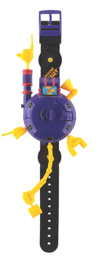 An "Inspector Gadget" Wristwatch.: (Innovative Time, 1994) An "Inspector Gadget" watch featuring Gadget-esque yellow arms protruding from it. The watch is sold untested as the top purple hatch is broken, and the interior is