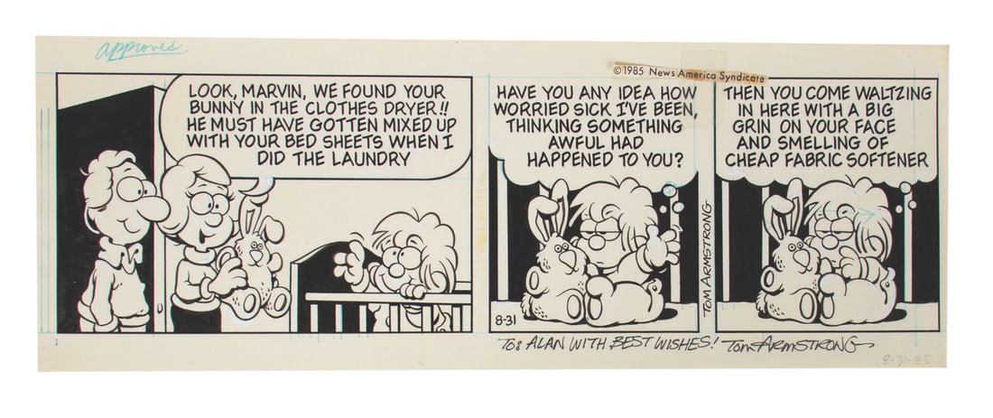 A Tom Armstrong Signed Marvin Comic Strip.: (News America Syndicate, 1985) An original comic strip for Marvin by Tom Armstrong. This hand-inked strip features visible blue preliminary line work underneath the black ink and is marked "Approved" 
