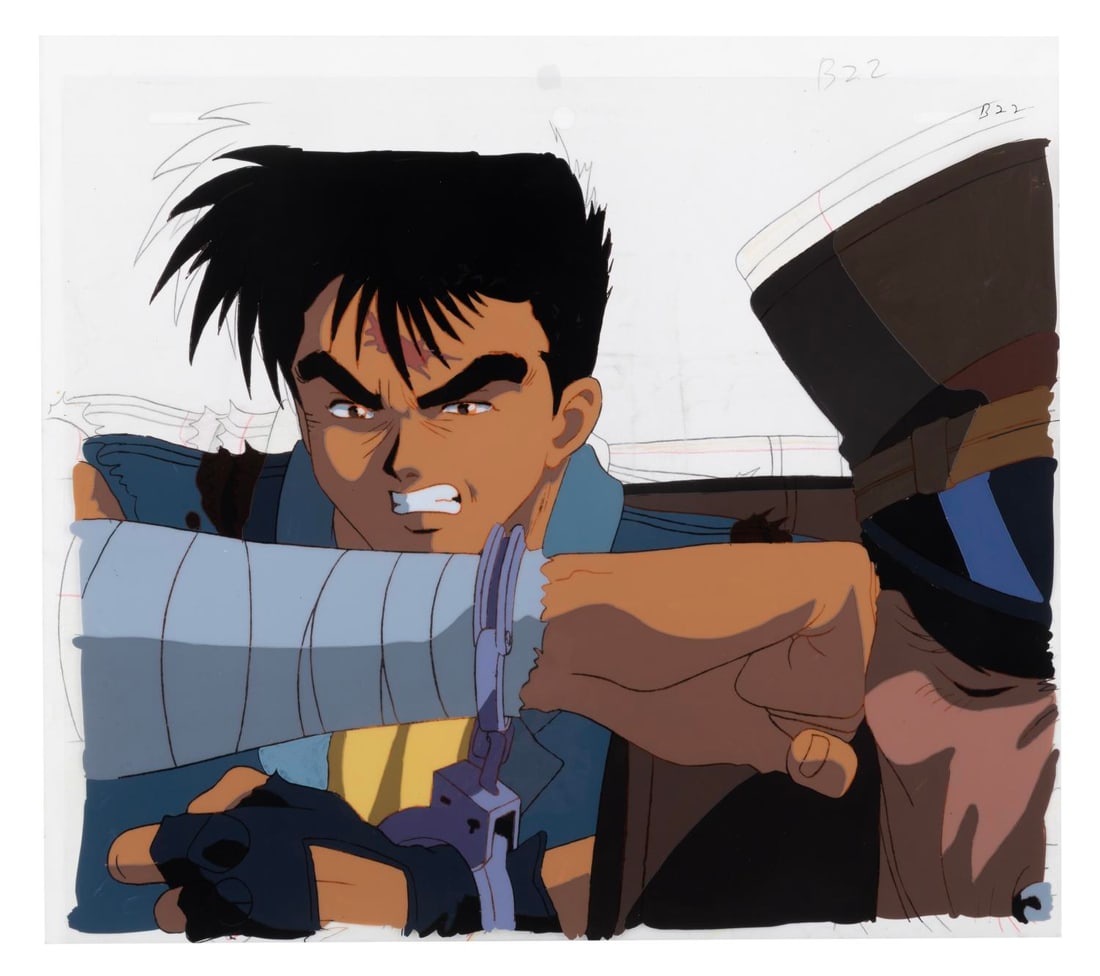 A "Crimson Wolf" Production Cel.: (A.P.P.P., 1993) An original production cel of Shin Kai from the anime film "Crimson Wolf." Shoichi Masuo's science fiction anime features three warriors fighting dark forces. Their conflict begins