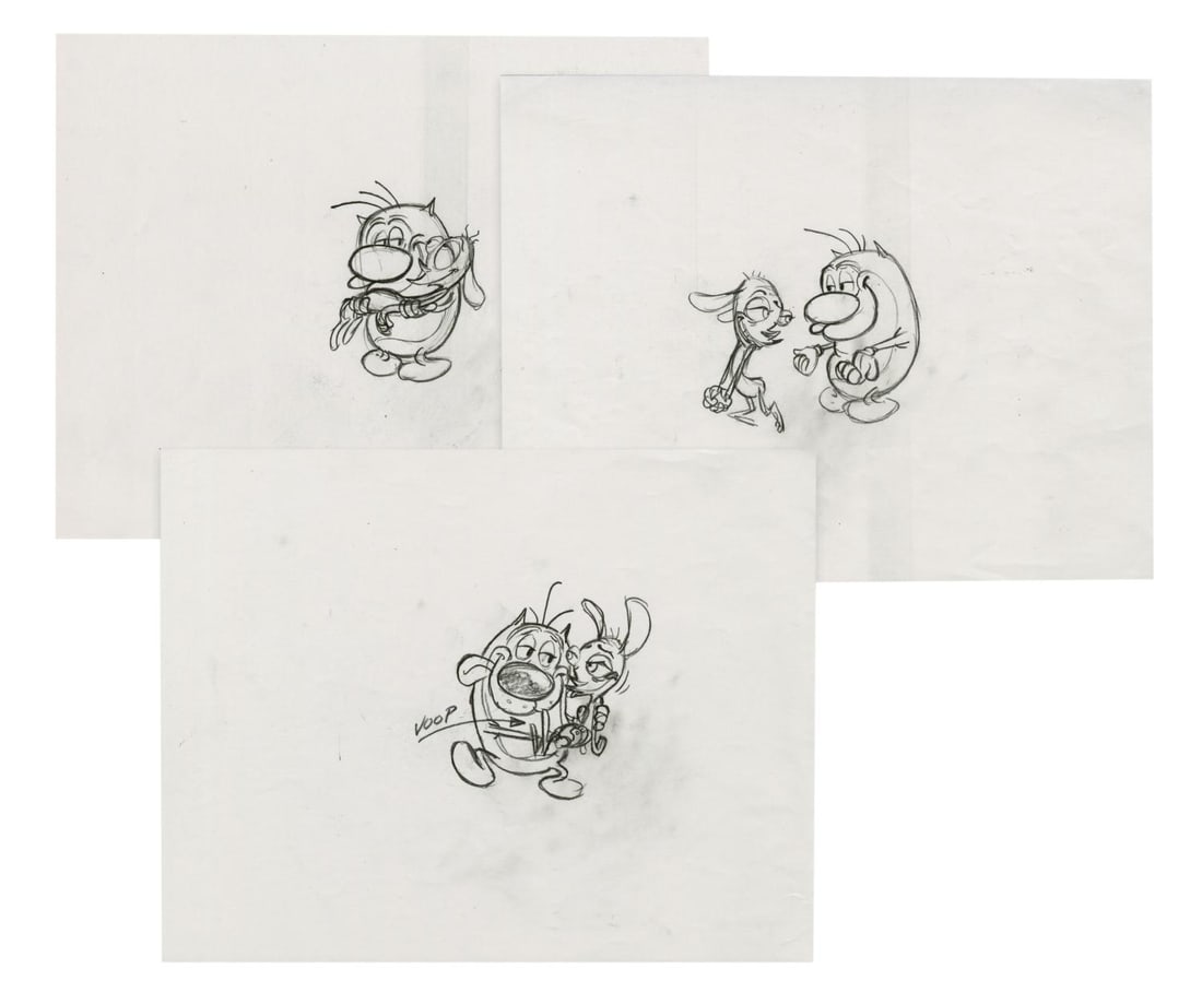 Three "Ren & Stimpy Show" Production Drawings.: (Nickelodeon, 1991-96) Three original production drawings from "The Ren and Stimpy Show." Ren and Stimpy have image sizes up to 3.2" x 3.25" on 8.5" x 11" animation paper. The graphite drawings are