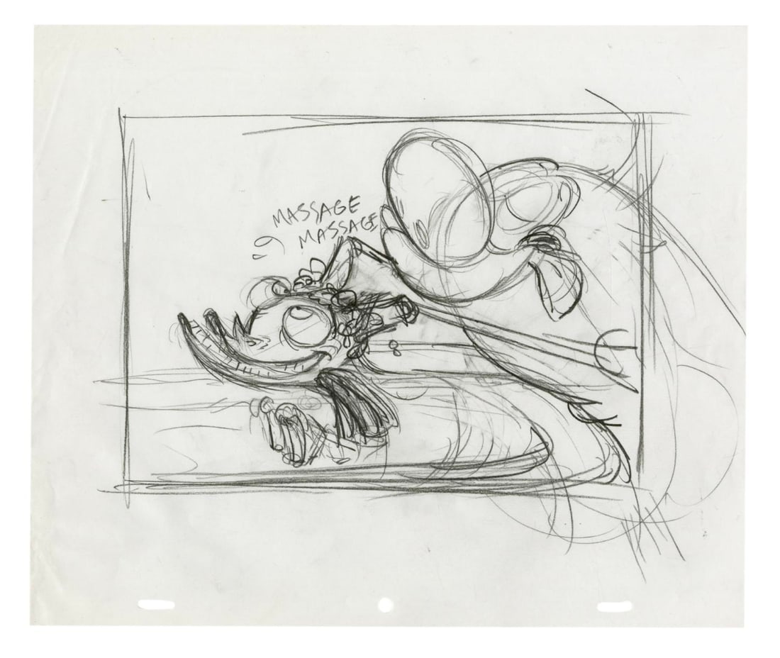 A "Ren & Stimpy Show" Development Drawing.: (Nickelodeon, 1991) An original development drawing from the "Nurse Stimpy" episode of "The Ren and Stimpy Show." Ren and Stimpy have an image size of 7" x 10.5" on 10.5" x 12.5" animation paper. The