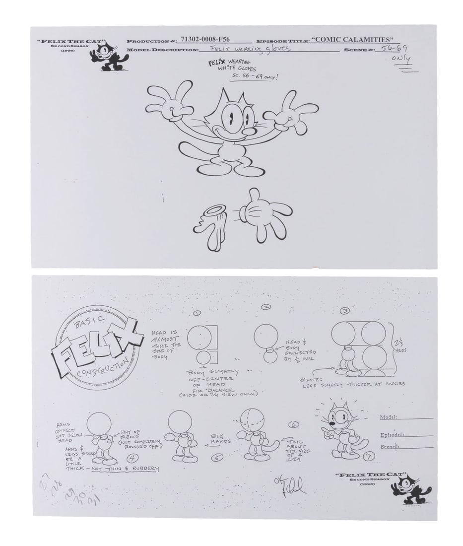 Two Twisted Tales of Felix the Cat Character Model Sheets.: (Film Roman, 1996) A pair of Felix the Cat model sheets from the production of "The Twisted Tales of Felix the Cat" in 1996. Sheets like these were distributed to animators to ensure consistent