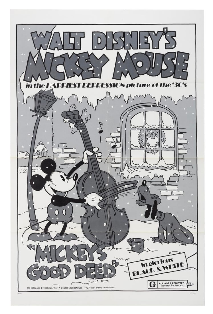 A "Mickey?s Good Deed" Re-Release One-Sheet.: (Disney, 1974) An original one-sheet for the 1974 theatrical re-release of "Mickey?s Good Deed." Measuring 27" x 41", the poster is in good condition with light edge wear, creasing throughout, and