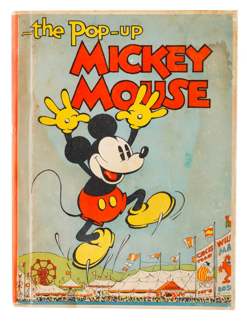 The Pop-Up Mickey Mouse Book.: (Blue Ribbon Books, 1933) The Pop-Up Mickey Mouse children's book featuring black and white illustrations and three colorful pop-up scenes. Measuring 6.5" x 8.75", the book is in good condition with