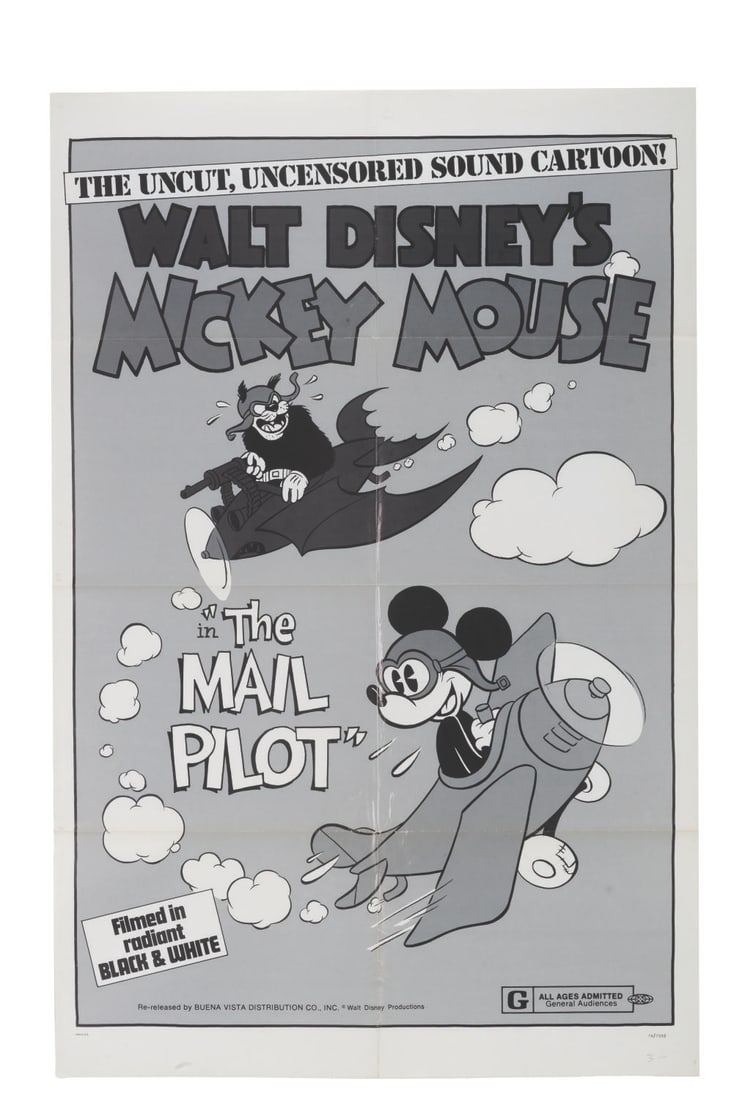 A "The Mail Pilot" Re-Release One Sheet.: (Disney, 1974) A one-sheet for the theatrical re-release of the 1933 Mickey Mouse cartoon "The Mail Pilot." In 1974, several classic Mickey Mouse cartoons were re-released to commemorate the