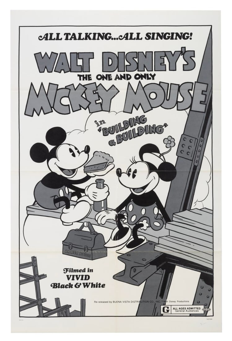 A "Building a Building" Re-Release One-Sheet.: (Disney, 1974) A one-sheet for the 1974 theatrical re-release of "Building a Building" celebrating Mickey?s 45th anniversary. Measuring 27" x 41", the poster is in good condition with light edge