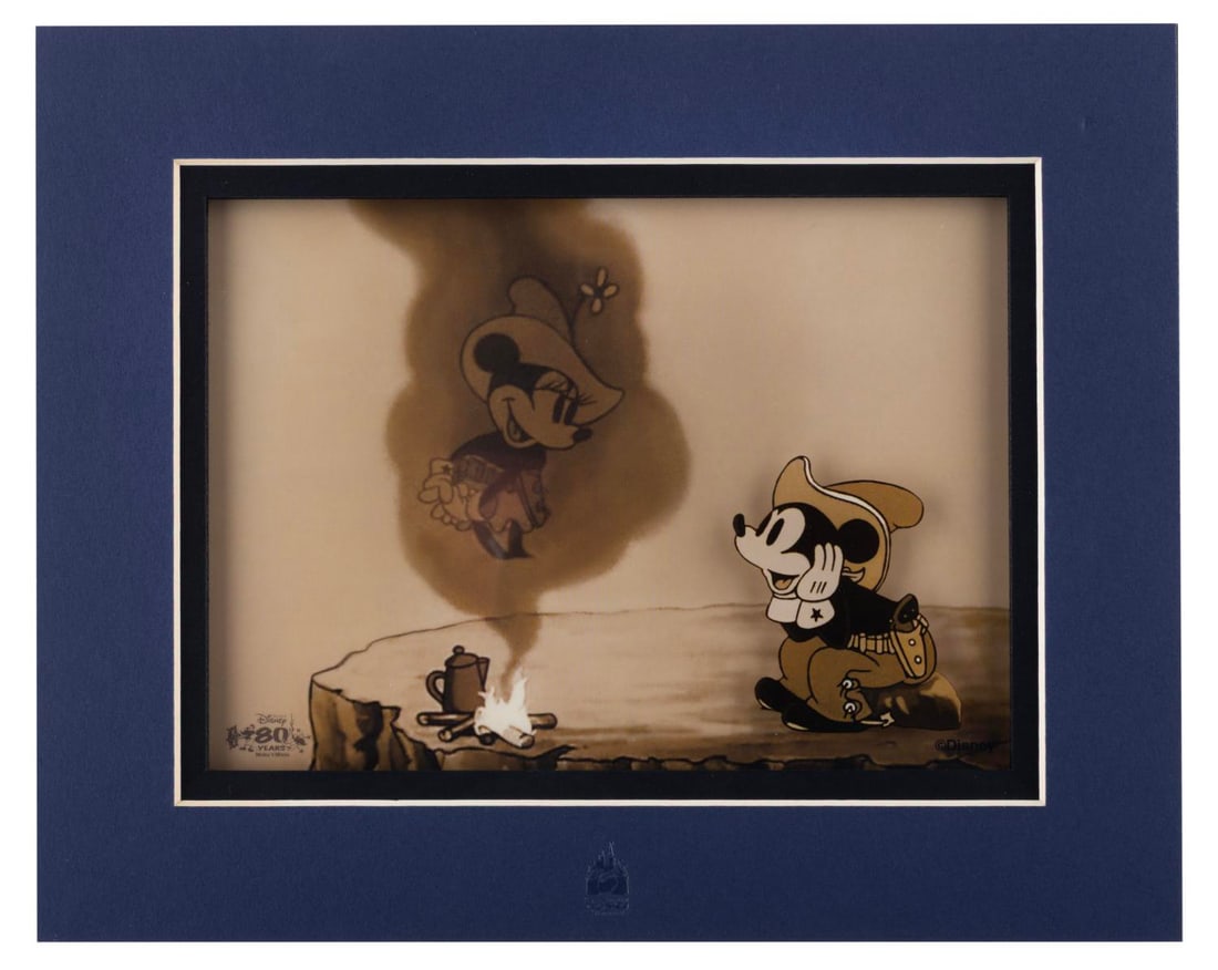 A "Two-Gun Mickey" Laser Cel.: (The Art of Disney, 2000s) A limited edition laser cel featuring Mickey and Minnie from Disney's animated short from 1934, "Two Gun Mickey." With an image size of 2" x 2.5" on a 5" x 7" visible cel