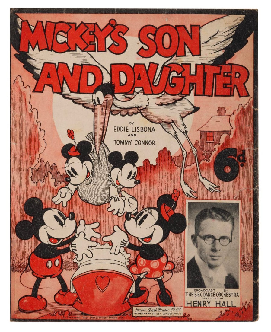 "Mickey?s Son and Daughter" Sheet Music.: (Irwin DashMusic Co., 1935) Sheet music celebrating the arrival of "Mickey?s Son and Daughter," a non-canon sendup by Tommie Connor and Eddie Lisbona. Measuring 9.5" x 12" the sheet music is in fair