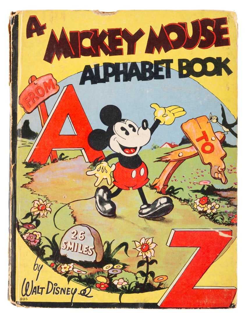An Early Mickey Mouse Alphabet Book.: (Whitman, 1936) A Mickey Mouse Alphabet Book published by Whitman. Measuring 7.25" x 9.25", the book displays in good condition with discoloration from age, creases, edge wear, material loss at the to