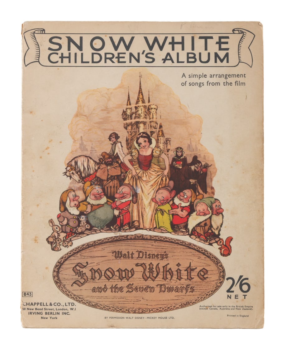 A "Snow White" Children's Sheet Music Book.: (Chappell & Co., 1938) A “Snow White and the Seven Dwarfs” Children’s Album, featuring simplified arrangements of the songs from the film. Published in England, the book features Gustaf Teng