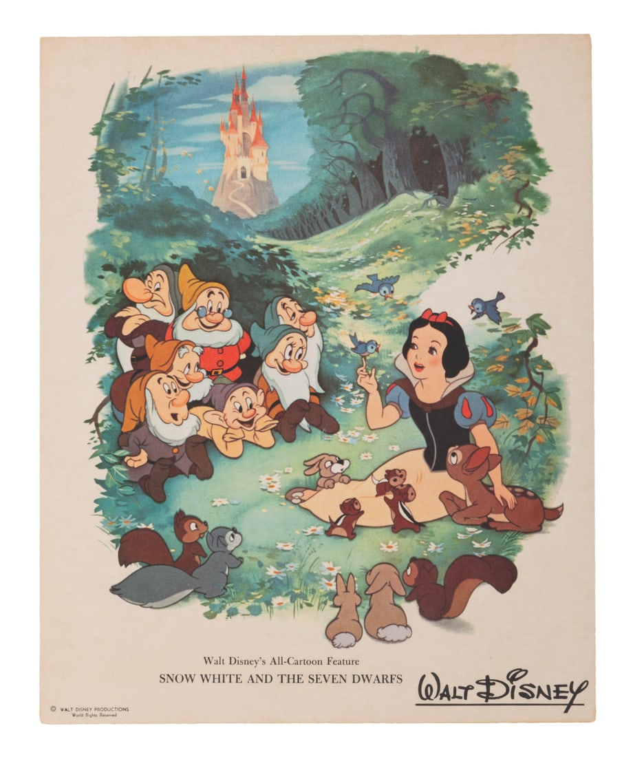 A "Snow White and the Seven Dwarfs" Fan Card.: (Disney, 1940s-50s) A Studio fan card featuring Snow White and the Seven Dwarfs. Cards like this one were mailed to fans who wrote to the Studio. Measuring 8" x 10", the card is in very good condition