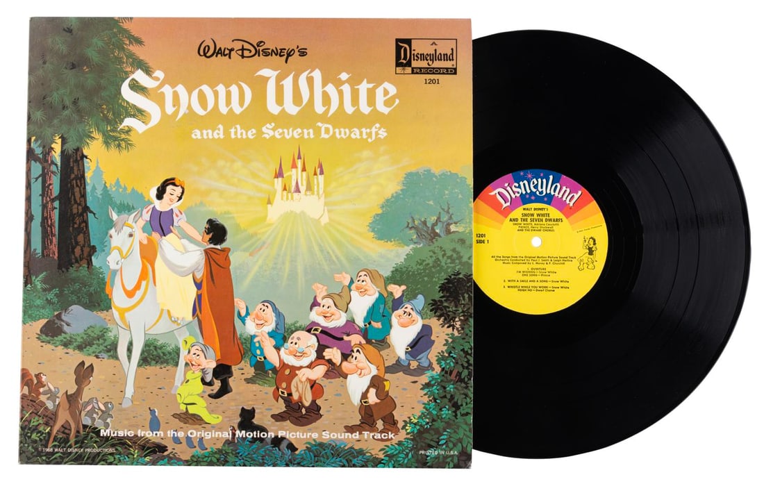 A "Snow White and the Seven Dwarfs" Soundtrack LP Record.: (Disneyland Records, 1963) A “Snow White and the Seven Dwarfs” 33 1/3 LP album featuring songs from the film. The record is in fine condition possibly unplayed, with the jacket in very good co