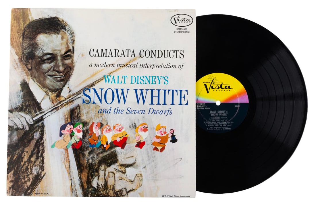A Camarata Conducts Snow White and the Seven Dwarfs Record Album.: (Buena Vista Records, 1967) An album titled Camarata Conducts a Modern Musical Interpretation of Walt Disney?s "Snow White and the Seven Dwarfs." The record and jacket are in very good condition, with