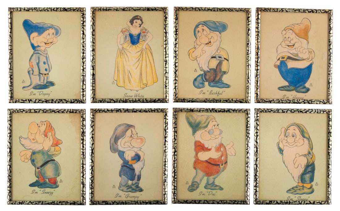 A Set of "Snow White and the Seven Dwarfs" Framed Prints.: (Disney, 1938) A set of eight "Snow White and the Seven Dwarfs" character prints, each housed in its own tin litho frame. Measuring 4.25" x 5.25" each, the framed prints are in good condition with wea