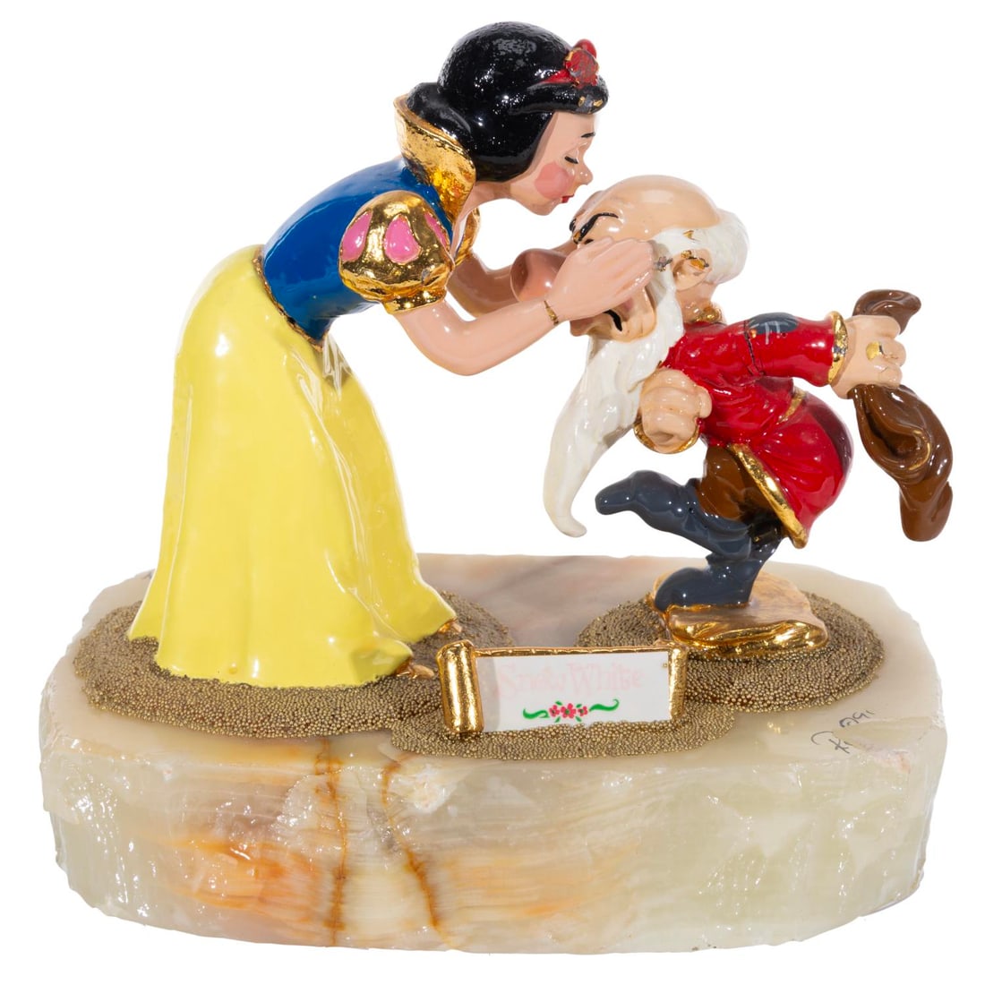 A Snow White and Grumpy Sculpture.: (Ron Lee, 1991) A hand-painted figurine of Snow White and Grumpy from "Snow White and the Seven Dwarfs, signed by the artist Ron Lee on the base and numbered 483/2750. The statue is composed of metal