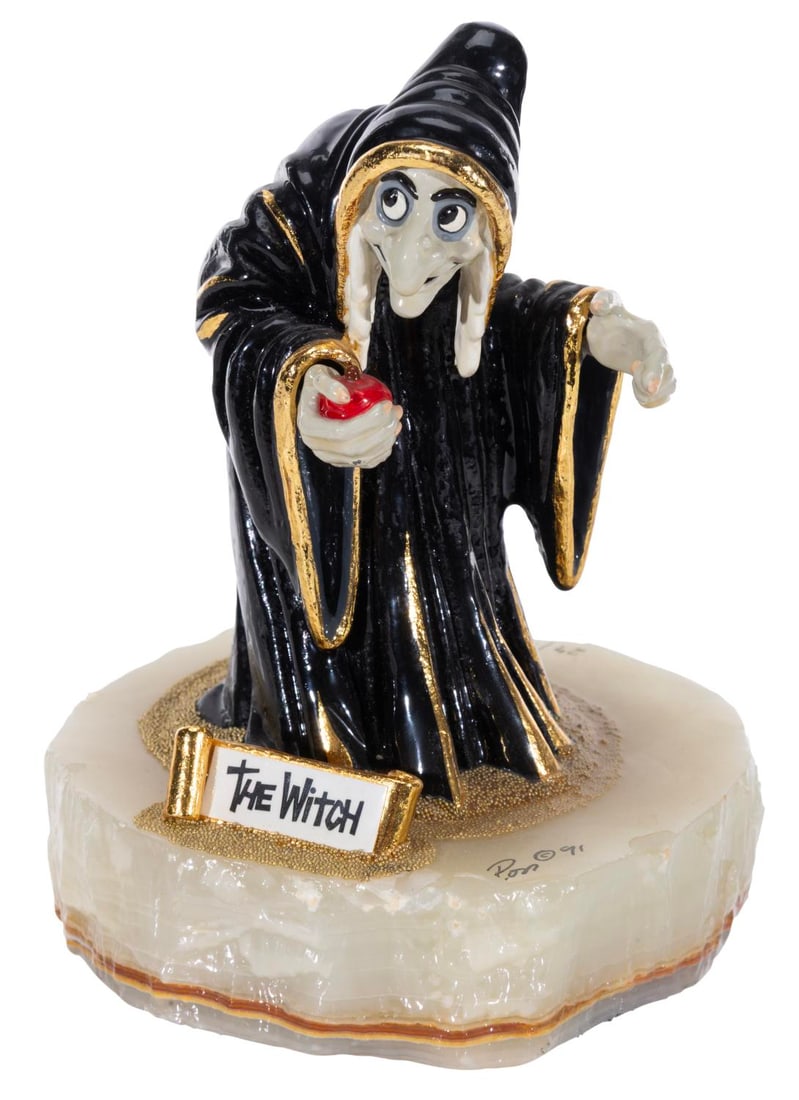 A "Snow White" Old Hag Sculpture.: (Ron Lee, 1991) A hand-painted figurine of the Old Hag from "Snow White and the Seven Dwarfs," signed by the artist Ron Lee on the base and numbered 27/2750. The statue is composed of metal plated wit