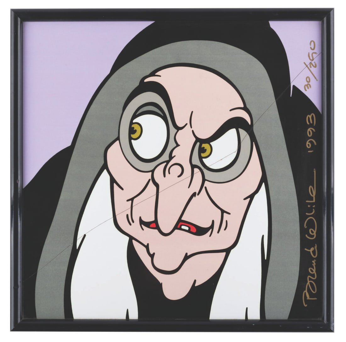 A Broken Limited Edition Old Hag Tile by Brenda White.: (Disney, 1993) A large broken silk-screened tile of the Old Hag from "Snow White and the Seven Dwarfs," signed by artist Brenda White and numbered 30 in an edition of only 250. Measuring 17" x 17",