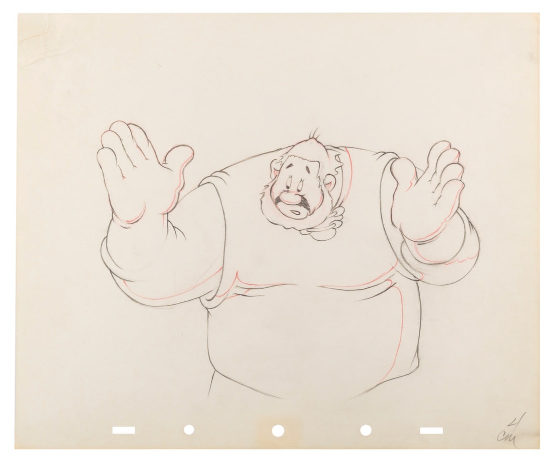 A "The Brave Little Tailor" Production Drawing.: (Disney, 1938) An original production drawing of the Giant in the Mickey Mouse short "The Brave Little Tailor." With an image size of 6.5" x 8.75" on 10" x 12" animation paper, the graphite and