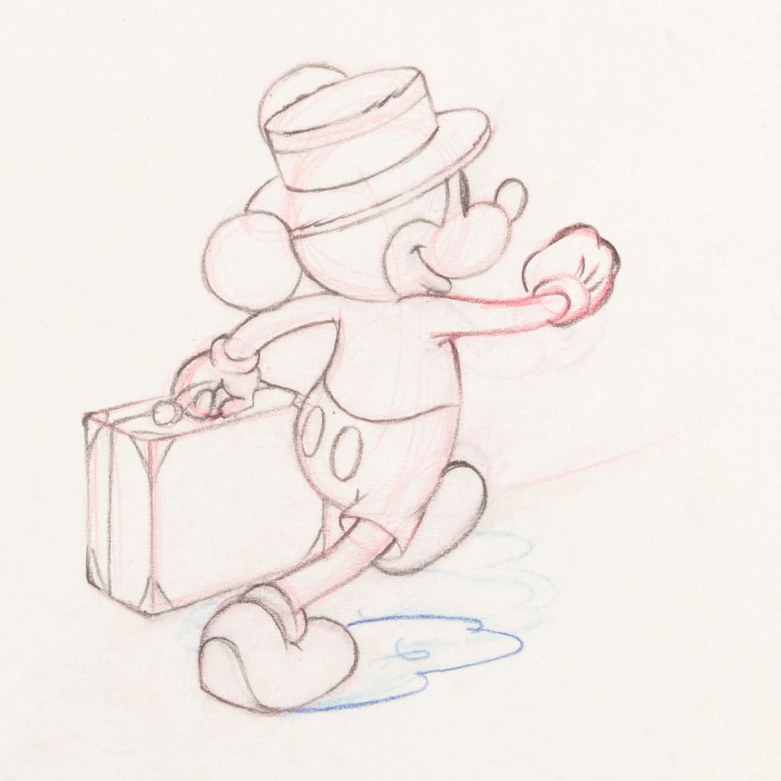 A "Society Dog Show" Mickey Mouse Production Drawing.: (Disney, 1939) An original production drawing of Mickey Mouse from the 1939 short "Society Dog Show." With an image size of 2.75" x 3.5" on 10" x 12" animation paper, the graphite and colored pencil