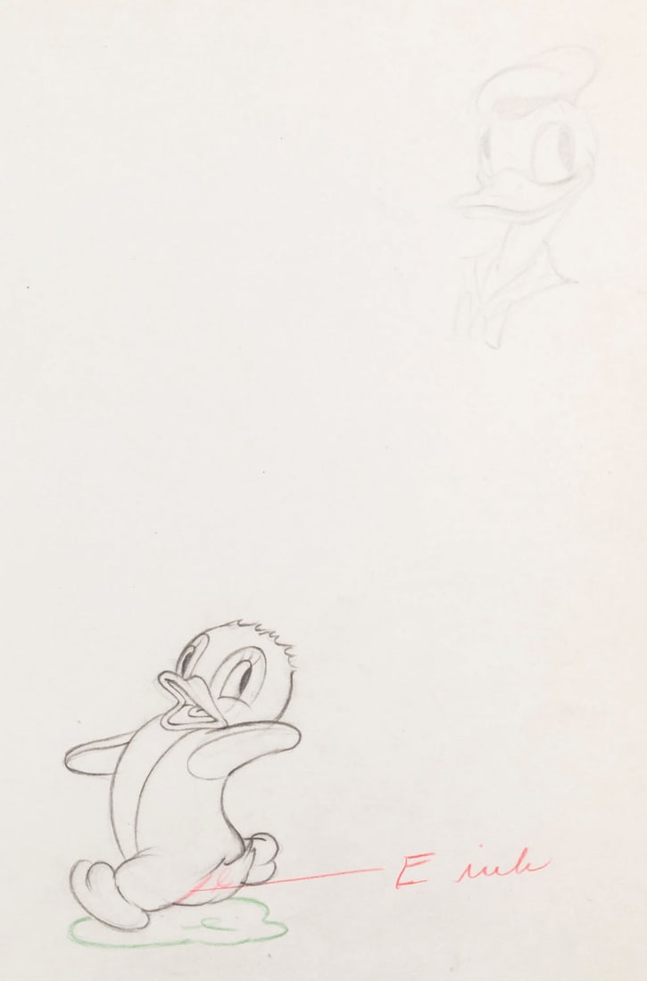 A "Donald's Penguin" Original Production Drawing.: (Disney, 1939) An original production drawing of the penguin from the animated short "Donald?s Penguin." A faint drawing of Donald Duck is visible at the top right corner. With an image size of 2" x