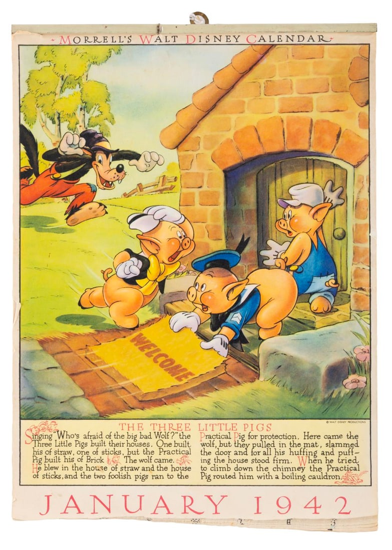 A Rare Morrell Hams Disney Calendar.: (John Morell & Co., 1941) A complete promotional Morrell Hams calendar featuring early Disney films, including "The Brave Little Tailor," "The Band Concert," "Pinocchio," and "Snow White and the