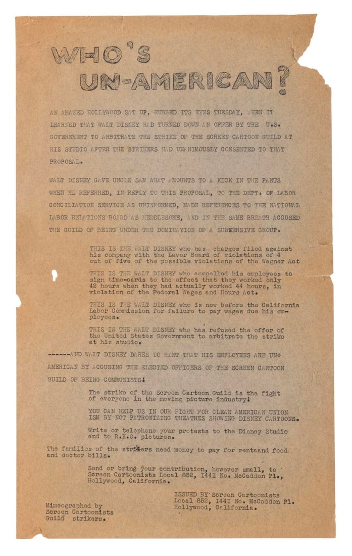 A Screen Cartoonist Guild Walt Disney Studios Strike Notice. (1 of 2)