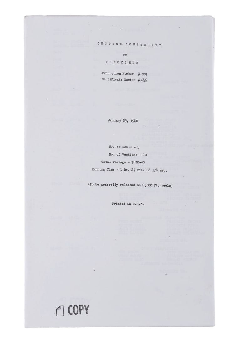 A "Pinocchio" Cutting Continuity Script.: (Disney, 1990s) A complete cutting continuity script for "Pinocchio." Dated January 29, 1940 - just over a week before the film?s premiere - this records the full original release version of "Pinocchi