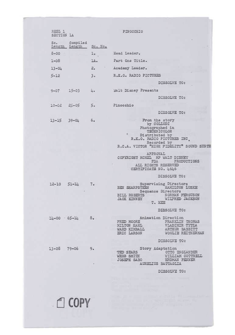 A "Pinocchio" Cutting Continuity Script. - 2