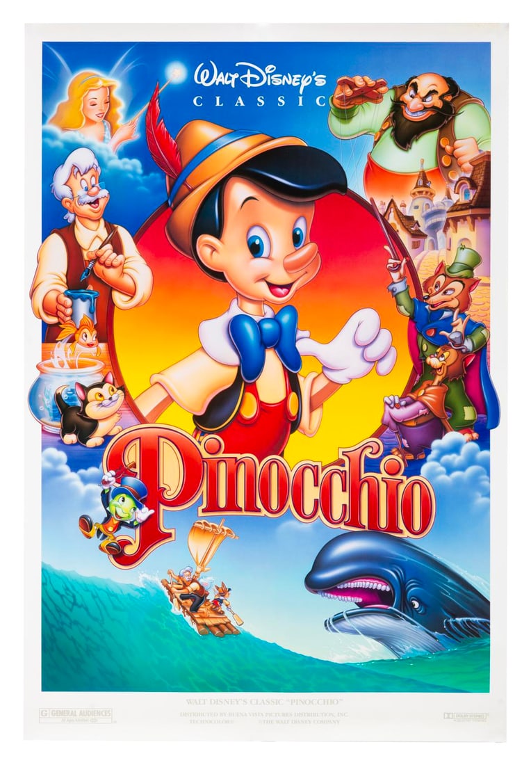 A "Pinocchio" 1992 Re-Release One-Sheet.: (Disney, 1992) A one-sheet for the 1992 theatrical re-release of "Pinocchio." Measuring 27" x 40", the poster is in very good condition with faint spotting to the right side corners only.